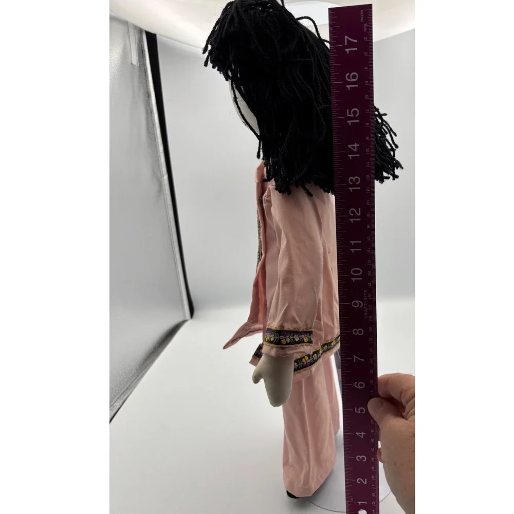 Vintage Cloth Doll Asian Style Pink Outfit Black‎ Yarn Hair prewned GUC 1970s